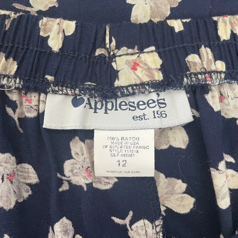 Vtg 90s Midi Skirt Size 12 Navy Blue Ditsy Floral A Line Cottage Boho Casual